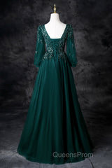 Green V-Neck Tulle Beads Long Evening Prom Dress, Elegant Long Sleeve Evening Party Dress