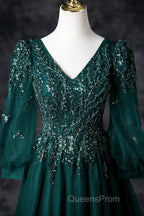Green V-Neck Tulle Beads Long Evening Prom Dress, Elegant Long Sleeve Evening Party Dress