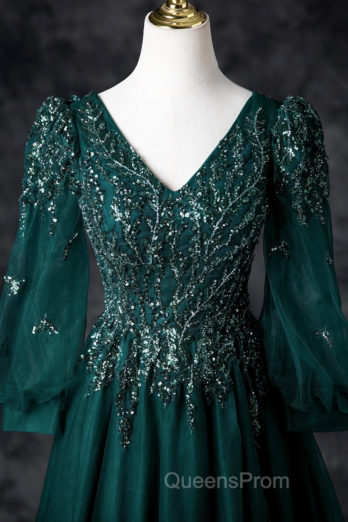 Green V-Neck Tulle Beads Long Evening Prom Dress, Elegant Long Sleeve Evening Party Dress
