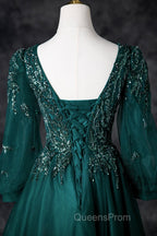 Green V-Neck Tulle Beads Long Evening Prom Dress, Elegant Long Sleeve Evening Party Dress