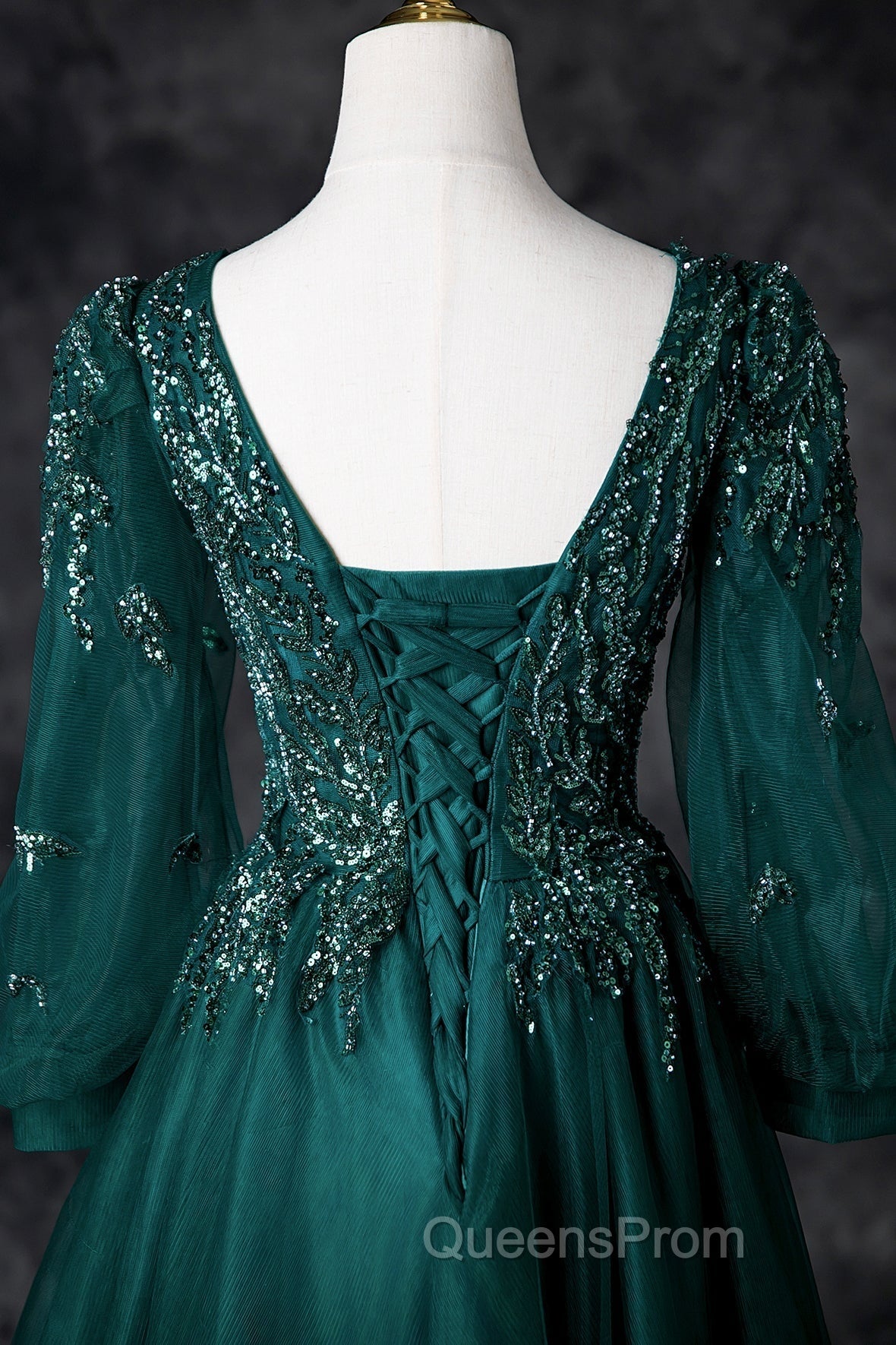 Green V-Neck Tulle Beads Long Evening Prom Dress, Elegant Long Sleeve Evening Party Dress