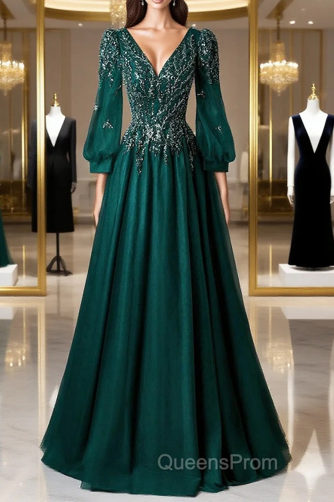 Green V-Neck Tulle Beads Long Evening Prom Dress, Elegant Long Sleeve Evening Party Dress Main image