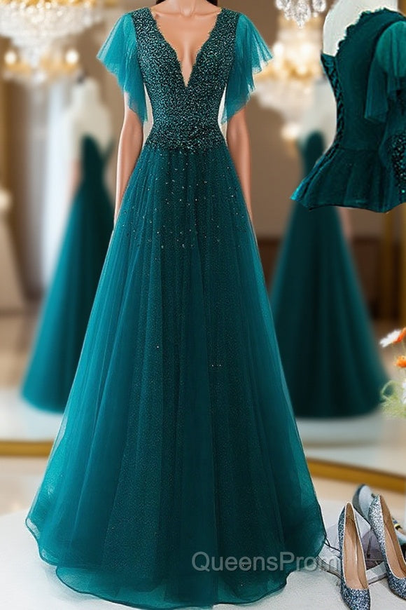 Green v neck tulle beads long Evening Prom Dress, green tulle formal Dress Main image