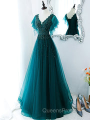 Green v neck tulle beads long Evening Prom Dress, green tulle formal Dress