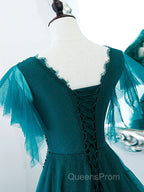 Green v neck tulle beads long Evening Prom Dress, green tulle formal Dress