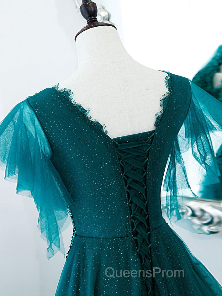 Green v neck tulle beads long Evening Prom Dress, green tulle formal Dress