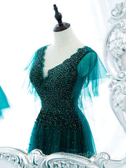 Green v neck tulle beads long Evening Prom Dress, green tulle formal Dress