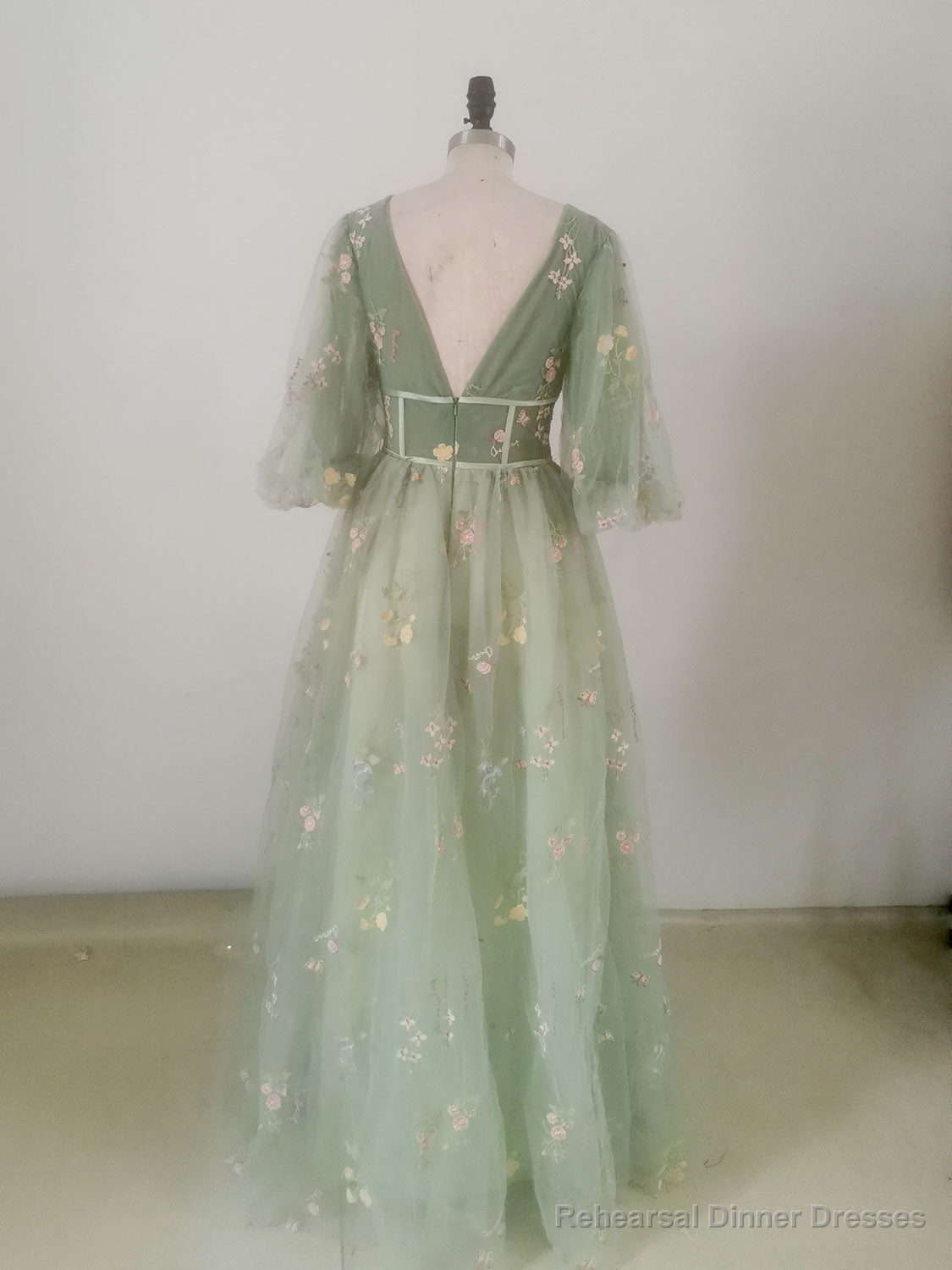 Green V Neck Tulle Lace Long Prom Dress, A Line Tulle Long Bridesmaid Dress Secondary image