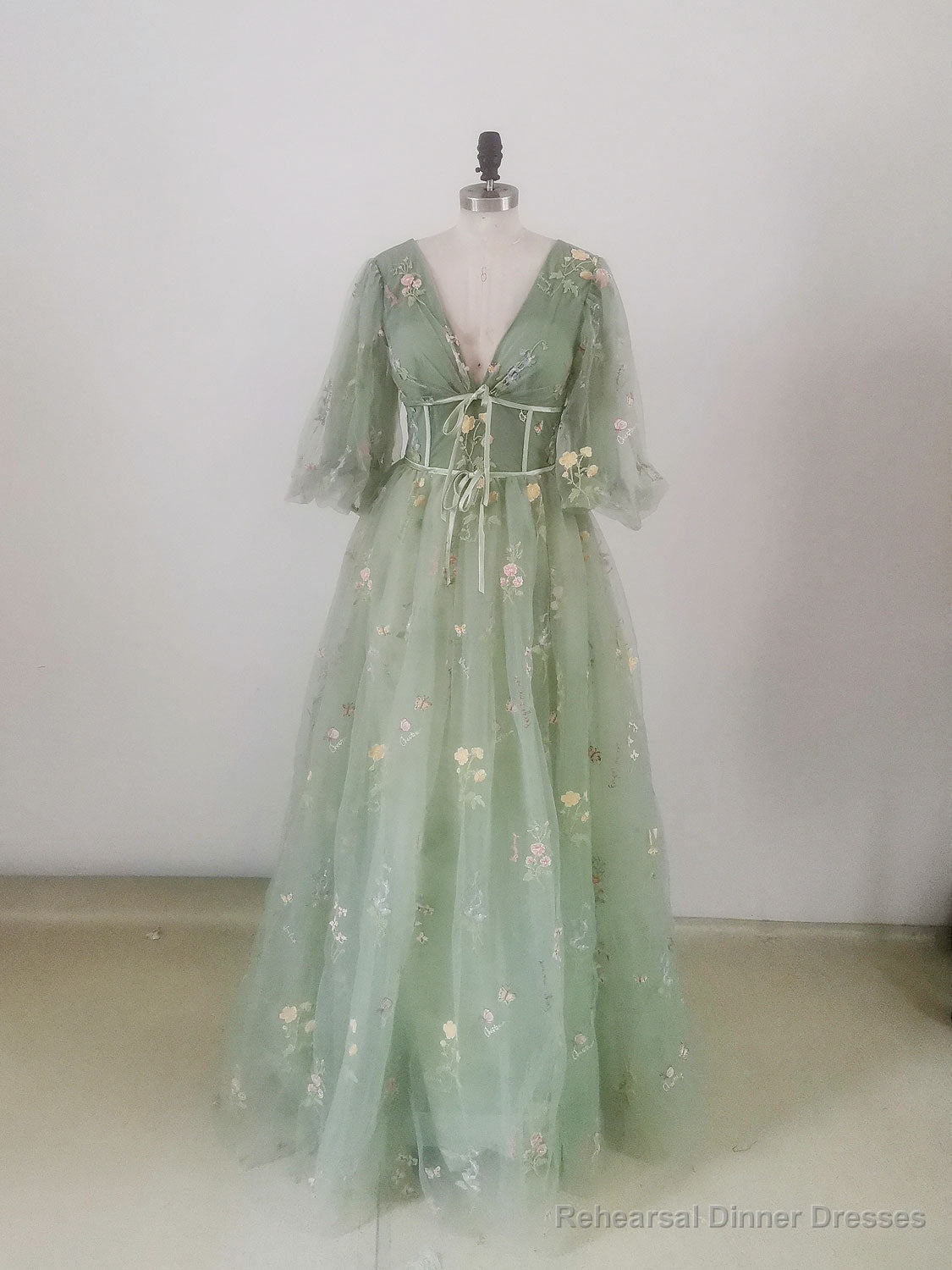 Green V Neck Tulle Lace Long Prom Dress, A Line Tulle Long Bridesmaid Dress Main image