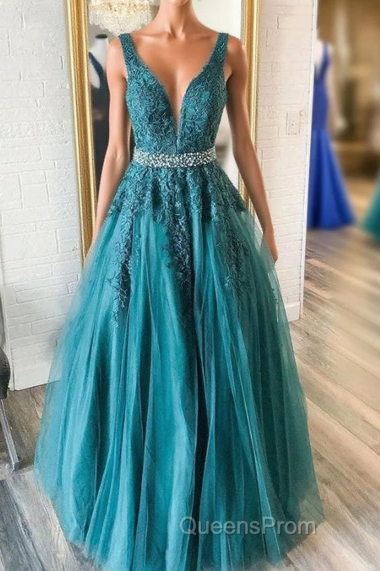 Green v neck tulle lace long Evening Prom Dress, green formal Dress Main image