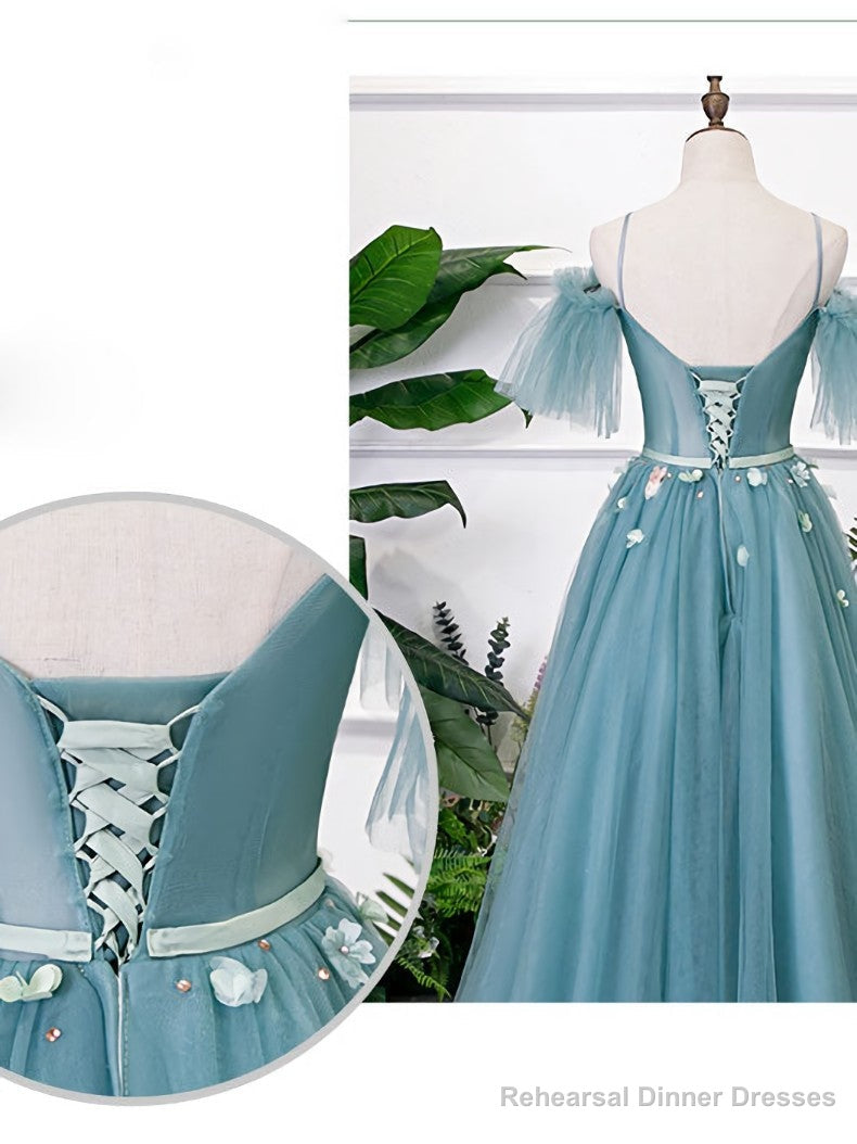 Green V Neck Tulle Lace Long Prom Dress Lace Evening Dress