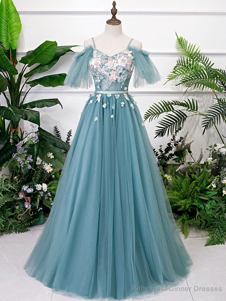 Green V Neck Tulle Lace Long Prom Dress Lace Evening Dress Secondary image