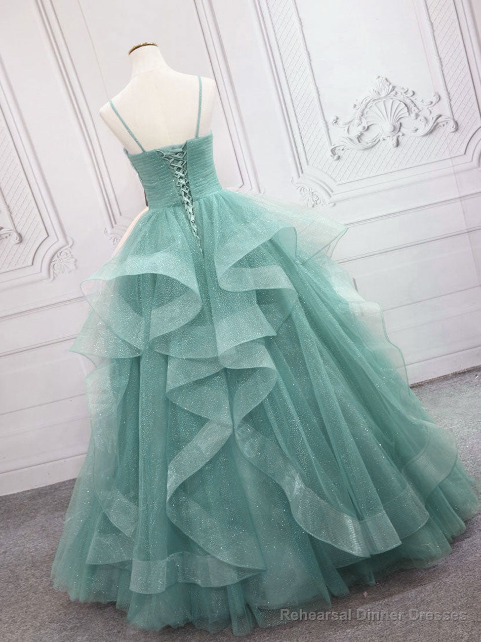 Green V Neck Tulle Long Prom Dress, Green Sweet 16 Dress Secondary image