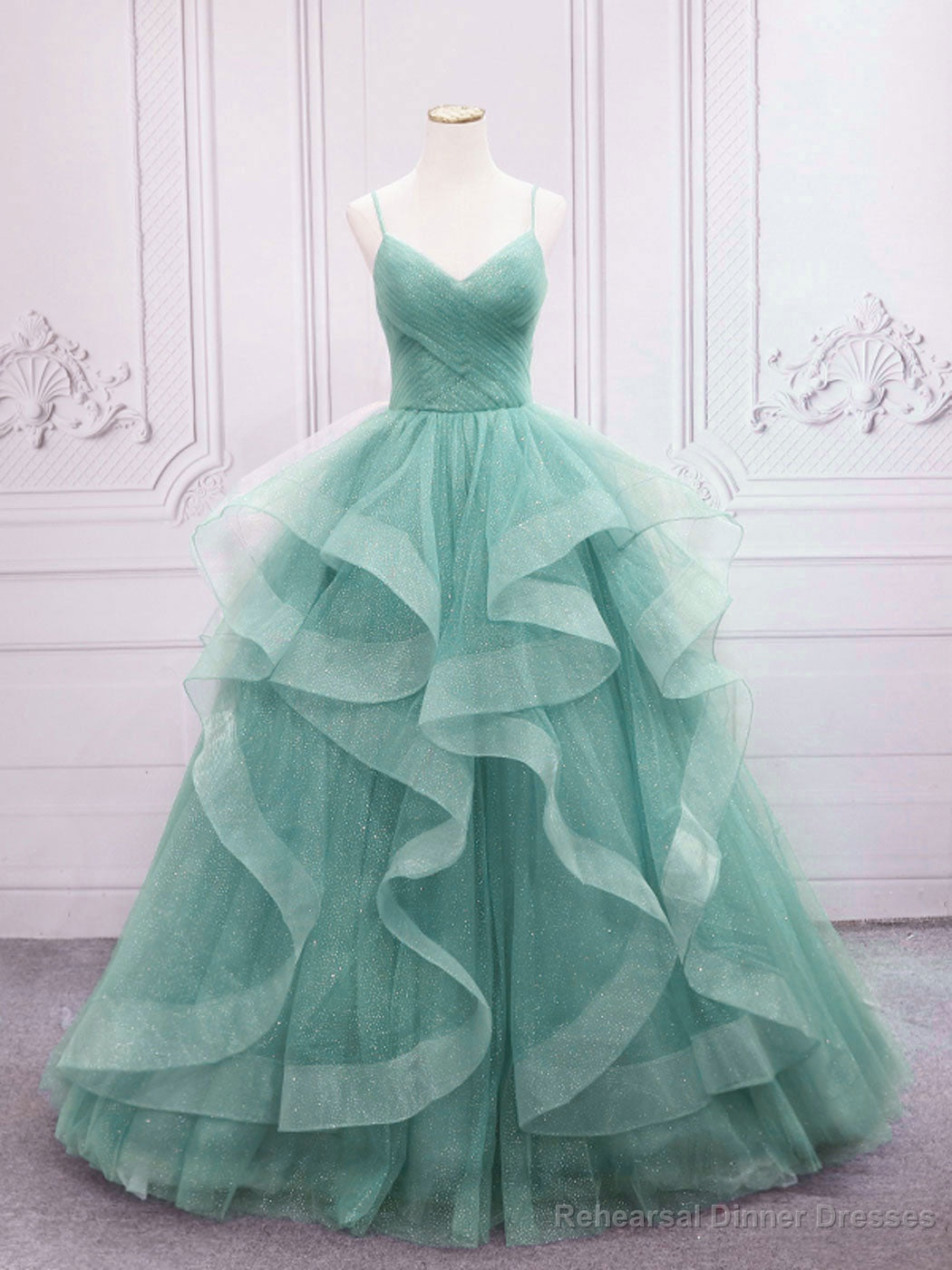 Green V Neck Tulle Long Prom Dress, Green Sweet 16 Dress Main image