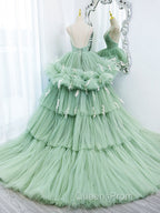 Green v neck tulle long Evening Prom gown, green tulle sweet 16 Dress