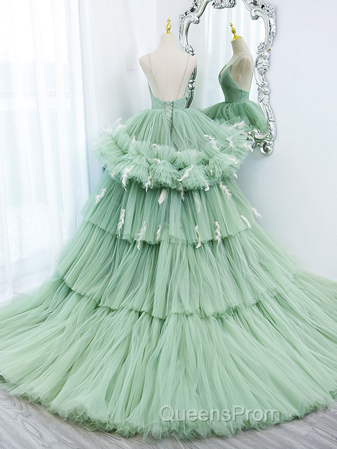Green v neck tulle long Evening Prom gown, green tulle sweet 16 Dress