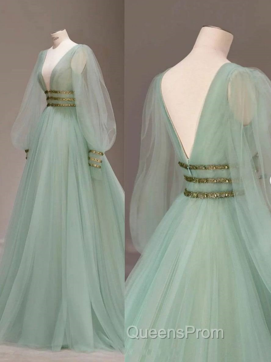 Green V Neck Tulle Sequin Long Evening Prom Dress, Green Evening Dress Secondary image
