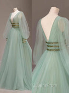 Green V Neck Tulle Sequin Long Evening Prom Dress, Green Evening Dress