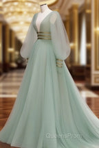 Green V Neck Tulle Sequin Long Evening Prom Dress, Green Evening Dress