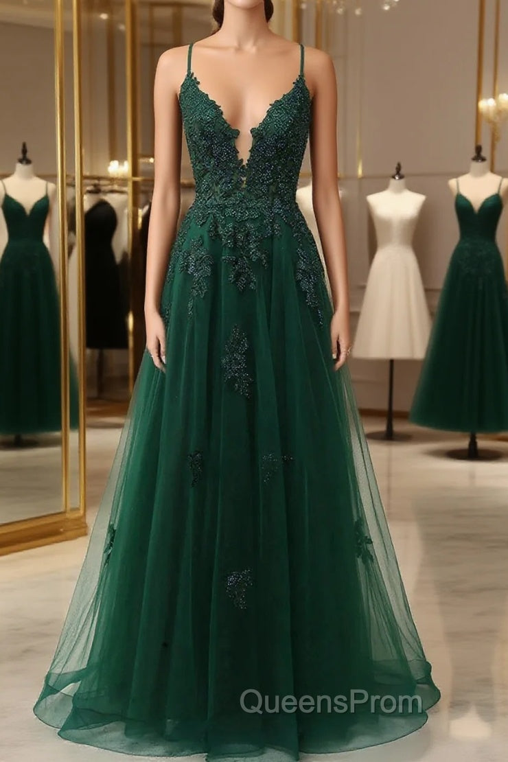 Green V-Neckline Tulle With Lace Cross Back, Green Tulle Evening Prom Dress Main image