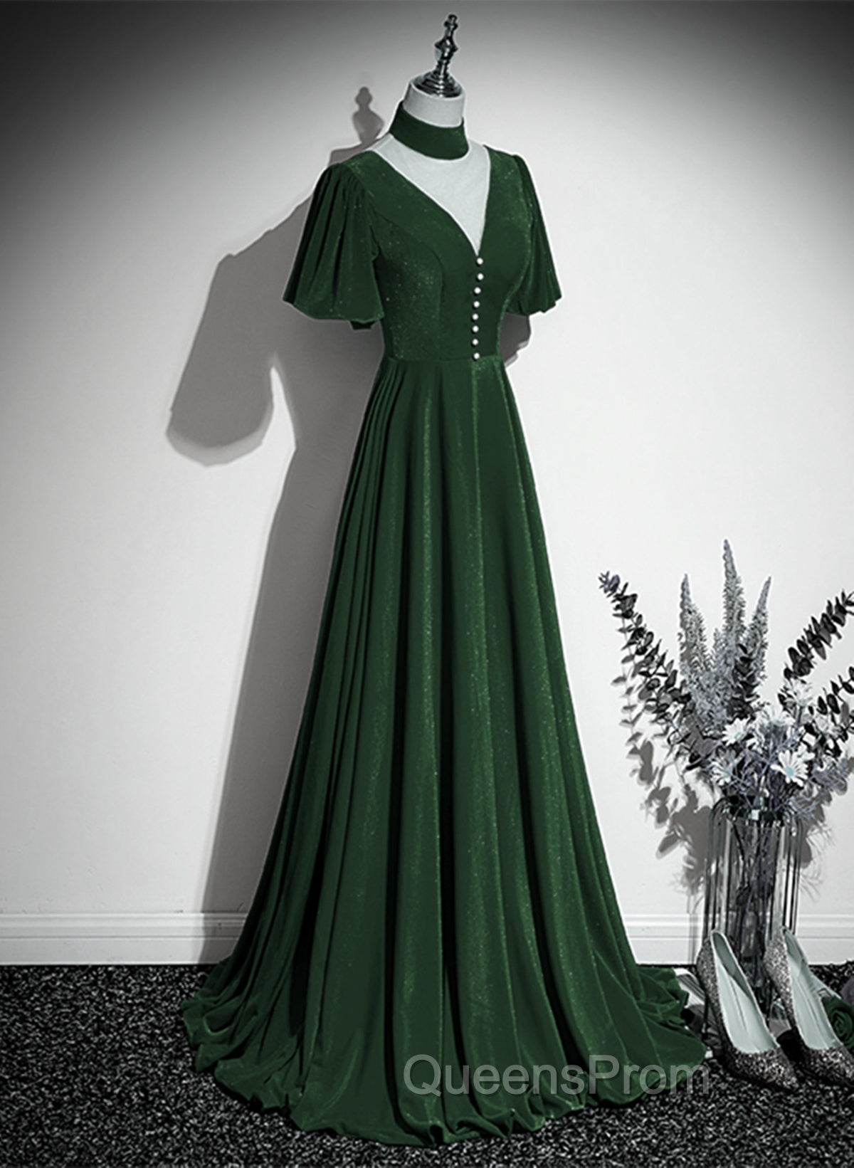Green Velvet A-Line Short Sleeves Long Party Dress, Green Long Evening Prom Dress Secondary image