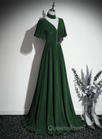 Green Velvet A-Line Short Sleeves Long Party Dress, Green Long Evening Prom Dress