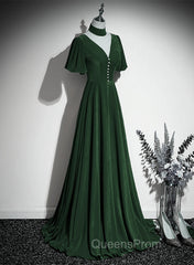 Green Velvet A-Line Short Sleeves Long Party Dress, Green Long Evening Prom Dress