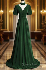 Green Velvet A-Line Short Sleeves Long Party Dress, Green Long Evening Prom Dress