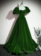 Green Velvet Backless Long Party Dress, Green Short Sleeves Formal Dress Evening Prom Dress