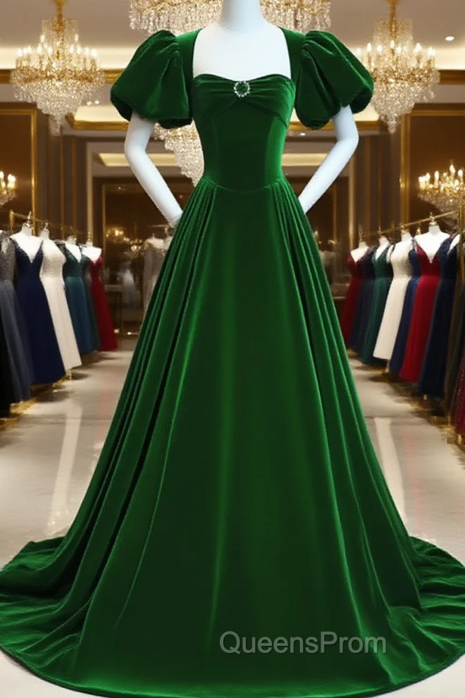 Green Velvet Backless Long Party Dress, Green Short Sleeves Formal Dress Evening Prom Dress