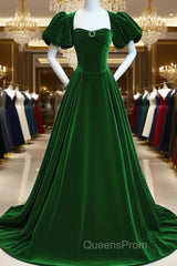 Green Velvet Backless Long Party Dress, Green Short Sleeves Formal Dress Evening Prom Dress