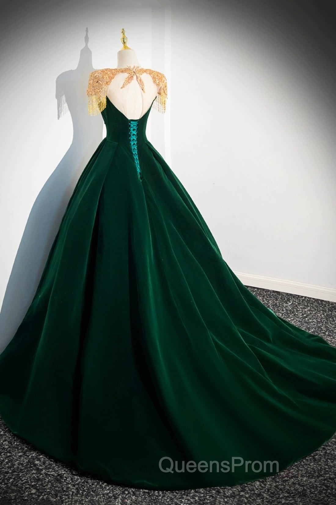 Green Velvet Beaded Long Evening Prom Dress, A-Line Beautiful Evening Party Dress Secondary image