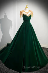 Green Velvet Beaded Long Evening Prom Dress, A-Line Beautiful Evening Party Dress