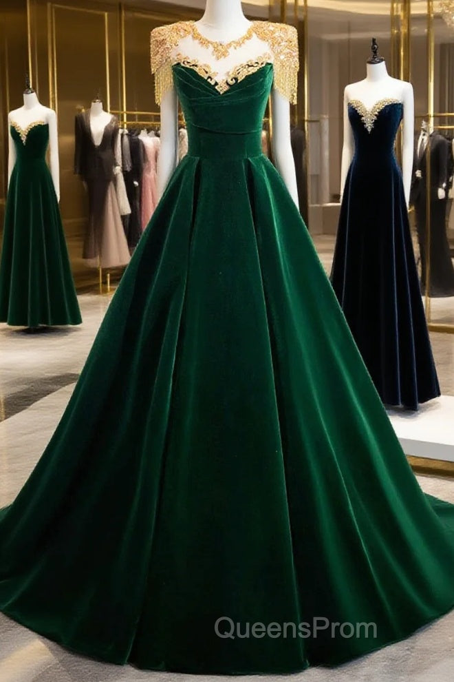 Green Velvet Beaded Long Evening Prom Dress, A-Line Beautiful Evening Party Dress Main image