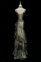 Green/Champagne Vintage Elegant Long Lace Ruffle Classy Prom Dress Classy Evening Dress
