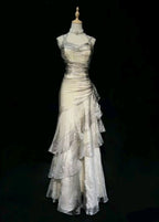 Green/Champagne Vintage Elegant Long Lace Ruffle Classy Prom Dress Classy Evening Dress