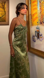Vintage Green Floral Printed Satin Spaghetti Strap Midi Length Party Dress