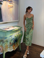 Vintage Green Floral Printed Satin Spaghetti Strap Midi Length Party Dress