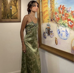 Vintage Green Floral Printed Satin Spaghetti Strap Midi Length Party Dress