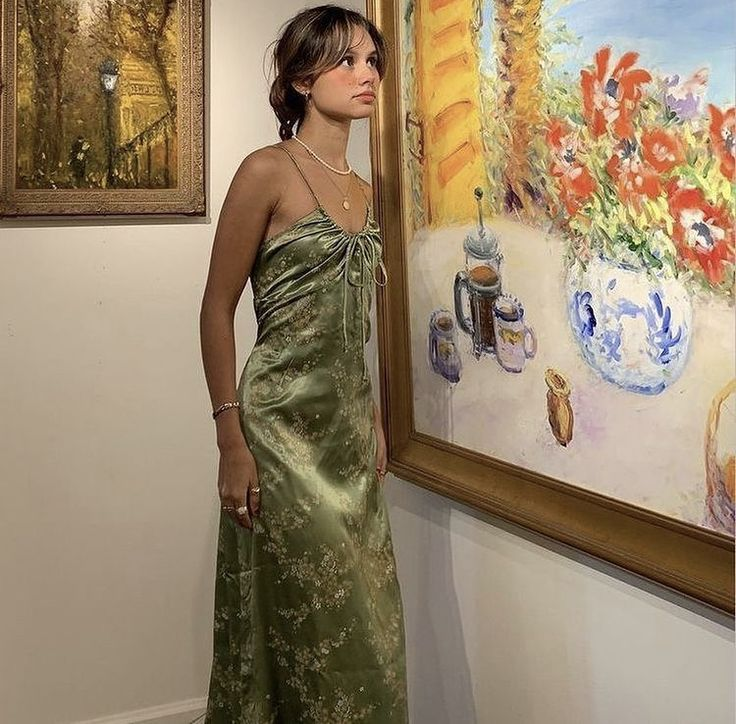 Vintage Green Floral Printed Satin Spaghetti Strap Midi Length Party Dress