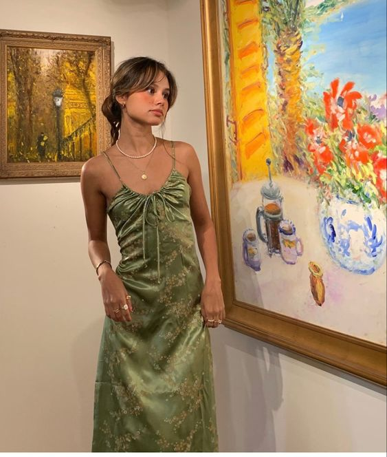 Vintage Green Floral Printed Satin Spaghetti Strap Midi Length Party Dress