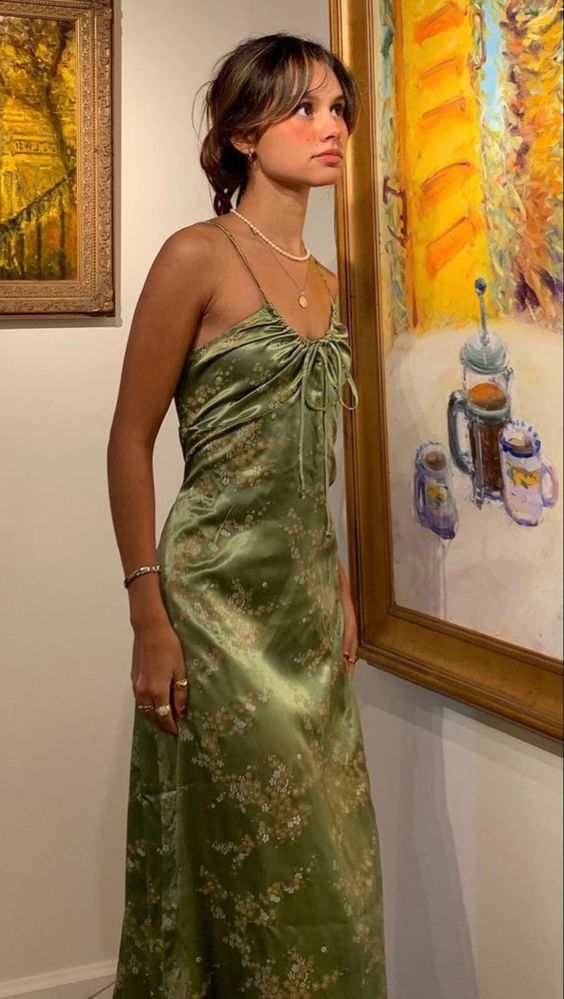 Green Vintage Printed Satin Party Dress Midi Length Classy Prom Dress Secondary image