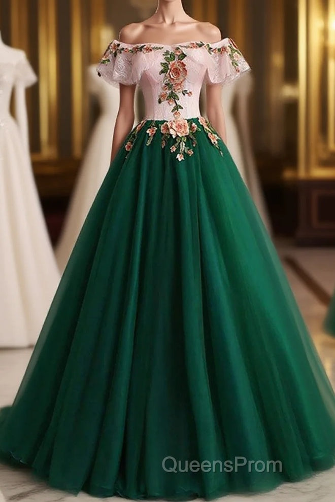 Green Off the Shoulder Floor Length Evening Prom Dress with Appliques, Puffy Quinceanera Dress Main image
