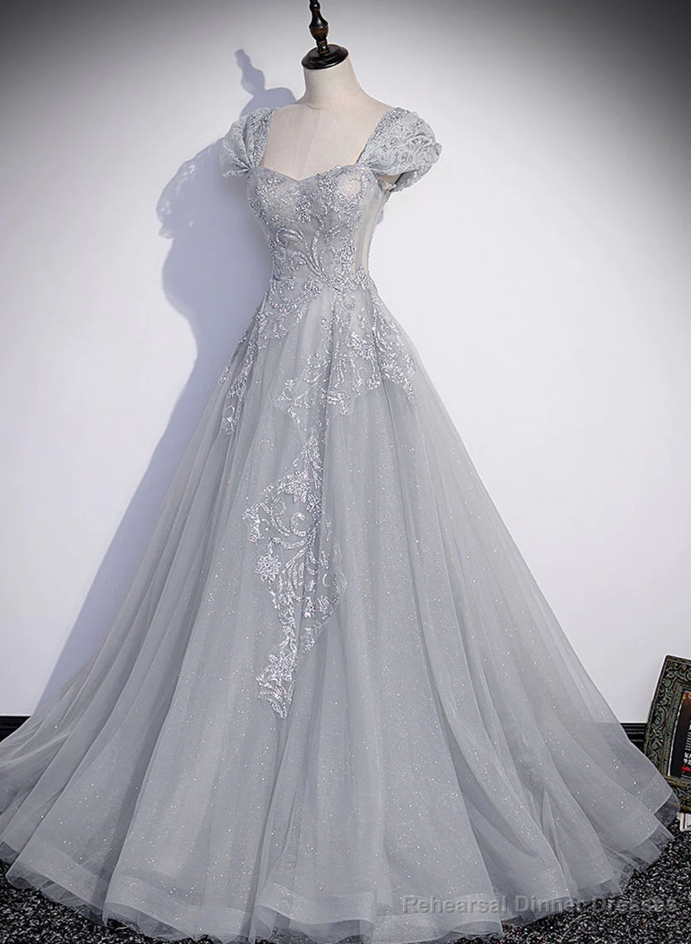 Grey A-line Tulle Short Sleeves Long Formal Dress, Grey Tulle Lace Party Dress Prom Dress Main image