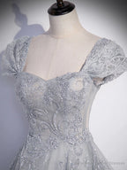 Grey A-line Tulle Short Sleeves Long Formal Dress, Grey Tulle Lace Party Dress Prom Dress