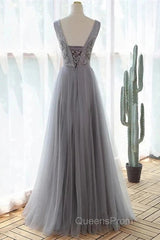 Grey A-Line Tulle With Lace Long Formal Dress V-Neckline Evening Prom Dress Sleeveless December Wedding Guest Dress