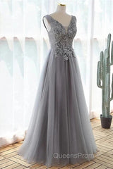 Grey A-Line Tulle With Lace Long Formal Dress V-Neckline Evening Prom Dress Sleeveless December Wedding Guest Dress