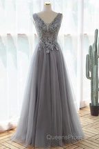 Grey A-Line Tulle With Lace Long Formal Dress V-Neckline Evening Prom Dress Sleeveless December Wedding Guest Dress