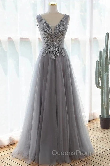 Grey A-Line Tulle With Lace Long Formal Dress V-Neckline Evening Prom Dress Sleeveless December Wedding Guest Dress