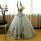 Grey Ball Gown 3D Flowers Princess Party Gown, Sweet 16 Classy Dress Grey Classy Dress